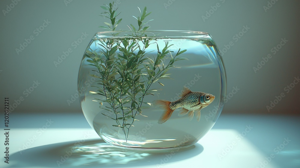 Goldfish swims in a glass bowl with aquatic plants Goldfish swims in a glass bowl with aquatic plants