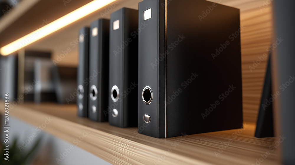 A row of black file folders neatly arranged on a wooden shelf in an office. A row of black file folders neatly arranged on a wooden shelf in an office.