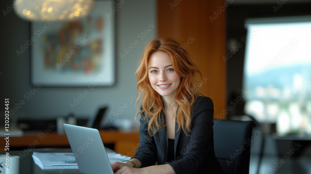 Obraz premium A young red-haired businesswoman in a modern office, smiling at the camera with confidence and positivity while working at her desk using a laptop. 