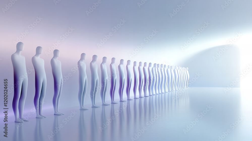 Silhouetted figures standing in a line with soft lighting in a minimalist environment Silhouetted figures standing in a line with soft lighting in a minimalist environment