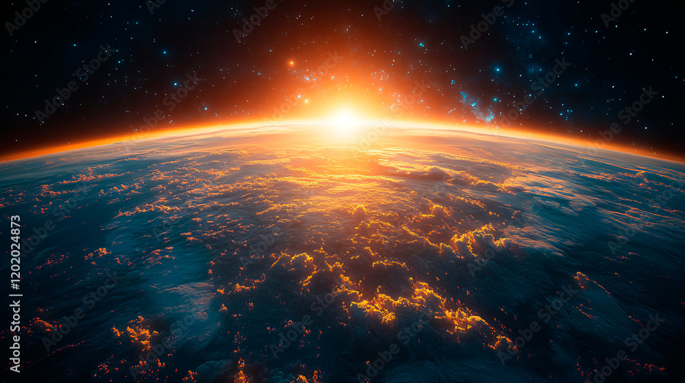 Stunning sunrise over earth viewed from space with glowing atmosphere and detailed cloud formations in vibrant colors. Stunning sunrise over earth viewed from space with glowing atmosphere and detailed cloud formations in vibrant colors.