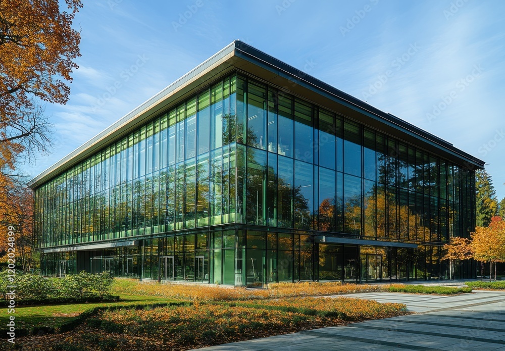 Fototapeta premium Modern architectural masterpiece showcasing a glass structure surrounded by vibrant autumn foliage and a serene landscape in bright daylight.