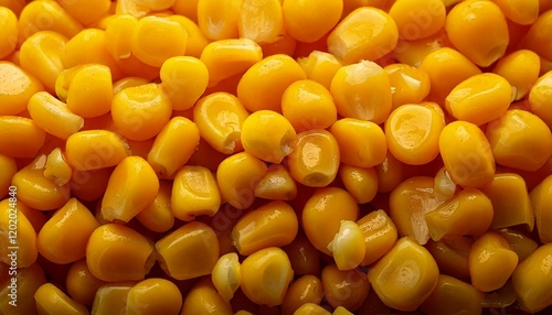 Macro image of vibrant yellow corn kernels, glistening with freshness, highlighting their smooth texture and natural detail. photo