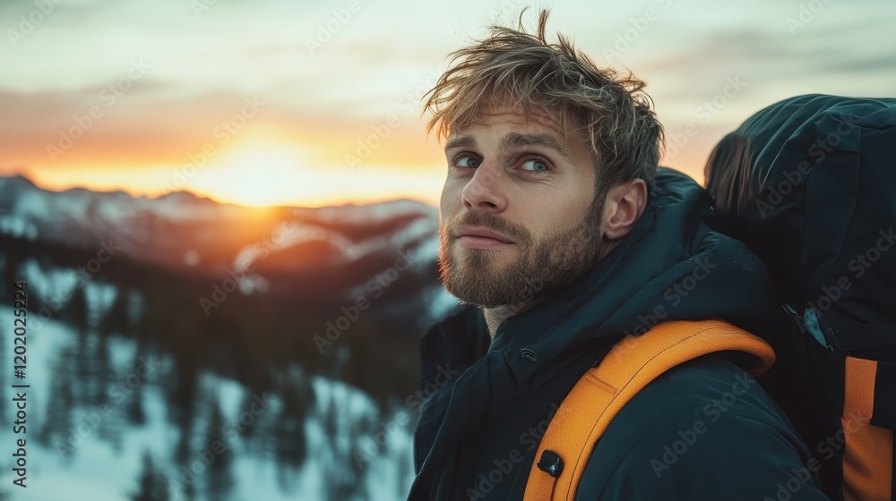 A man in a stylish winter jacket stands with a backpack against a breathtaking sunset, showcasing adventure and exploration in a tranquil snowy landscape. A man in a stylish winter jacket stands with a backpack against a breathtaking sunset, showcasing adventure and exploration in a tranquil snowy landscape.