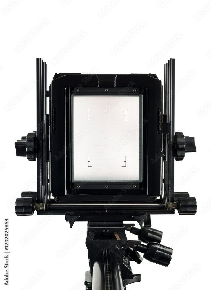 Large format film camera rear view with screen, isolated on white background. Large format film camera rear view with screen, isolated on white background.