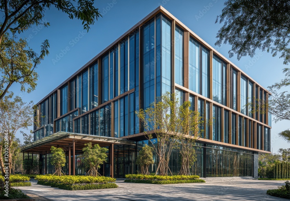 Modern Architectural Office Building Surrounded by Greenery with Large Glass Windows and Contemporary Design in Bright Daylight, Perfect for Urban Development Themes Modern Architectural Office Building Surrounded by Greenery with Large Glass Windows and Contemporary Design in Bright Daylight, Perfect for Urban Development Themes