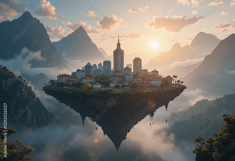 Naklejka premium Sunrise over a Floating City in the Misty Mountains: A Surreal Landscape