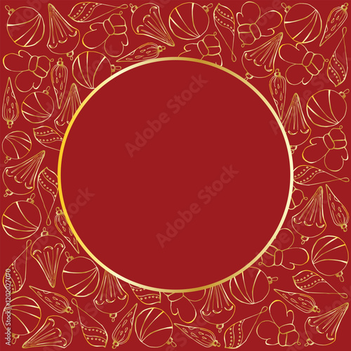 New Year and Christmas round frame for text in square. Golden contours of Christmas decoration on a red background. Template with space for text for a card, invitation, flyer, tag, design element.
