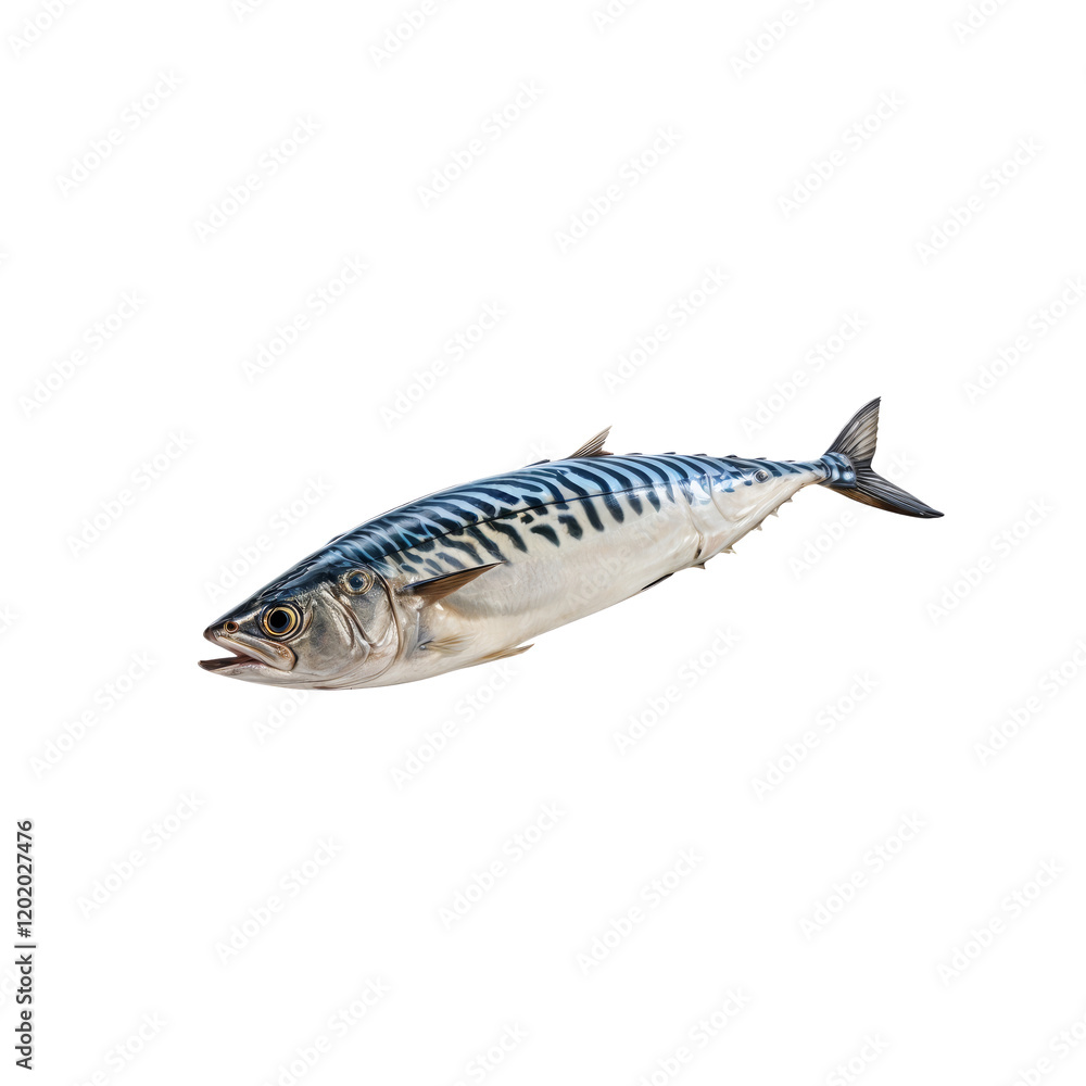 Atlantic Mackerel: A fresh, whole Atlantic mackerel, showcasing its silvery scales and distinctive dark stripes, is presented against a clean background. Atlantic Mackerel: A fresh, whole Atlantic mackerel, showcasing its silvery scales and distinctive dark stripes, is presented against a clean background.