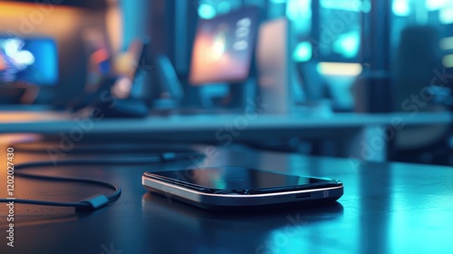 Wallpaper Mural Smartphone on a desk with a cable in a tech environment. Torontodigital.ca