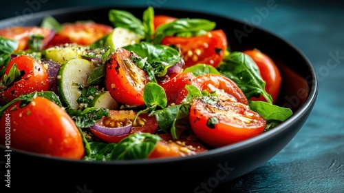 A delicious tomato salad accented with fresh ingredients including basil and onion, perfect for a summer meal filled with flavorful and healthy choices.