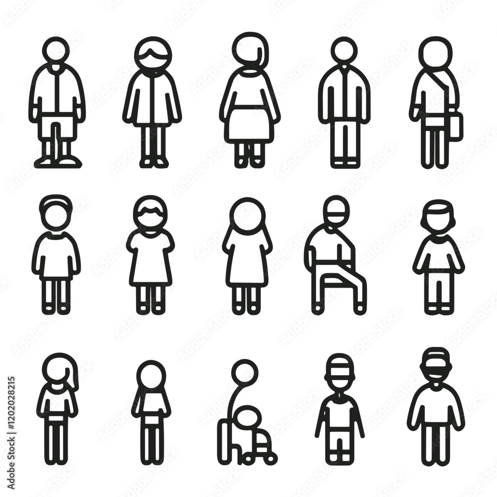 Family icons representing generational diversity in minimalist line art style Family icons representing generational diversity in minimalist line art style