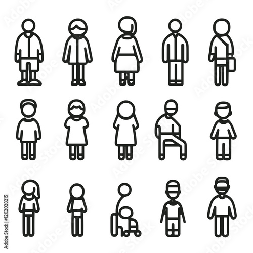 Family icons representing generational diversity in minimalist line art style