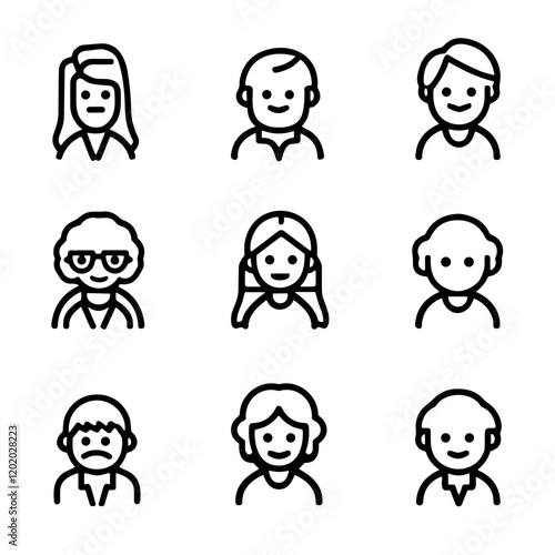 Family character icons showing emotional expressions and generational diversity 