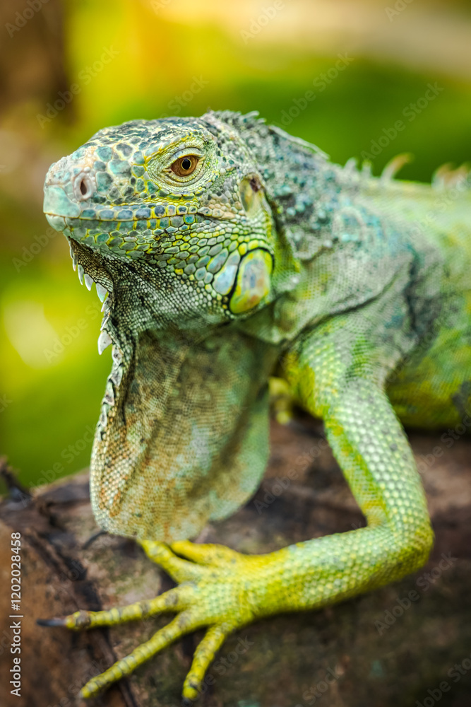 Beautiful green iguana on tree trunk (iguana iguana). Reptile animal in green park nature. Beautiful green iguana on tree trunk (iguana iguana). Reptile animal in green park nature.