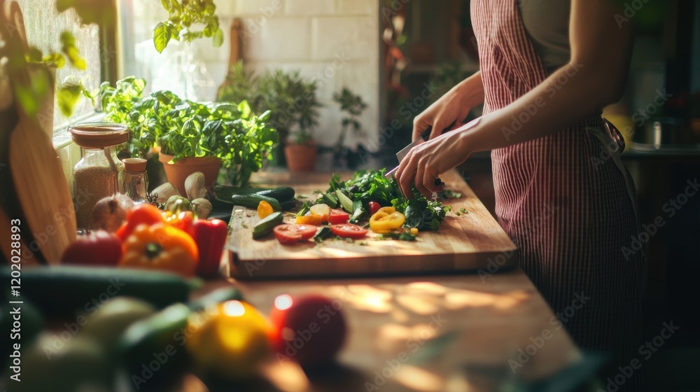 person preparing a healthy meal in a bright kitchen, chopping fresh vegetables and herbs person preparing a healthy meal in a bright kitchen, chopping fresh vegetables and herbs