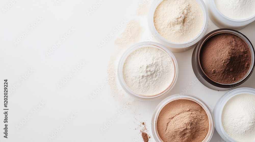 A set of six bowls filled with different types of powders, including white, beige, and brown. A set of six bowls filled with different types of powders, including white, beige, and brown.