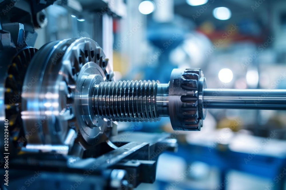Naklejka premium Close-up of a metallic gear assembly in an industrial setting, showcasing precision engineering.