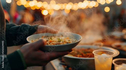 Steaming bowl of delicious food at a night market. Warm light and festive atmosphere. photo