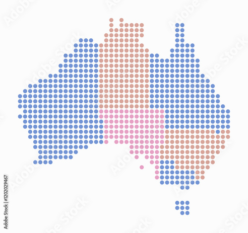Australia dotted map. Digital style map of the country on white background. Australia shape with circle dots. Colored dots style. Large size circles. Vibrant vector illustration.