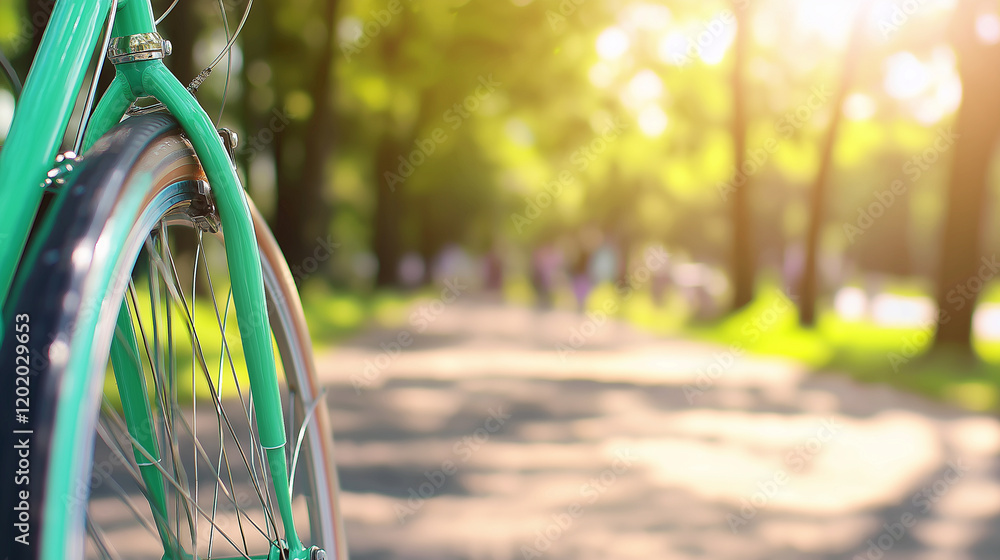 Naklejka premium A close-up of turquoise bicycles parked in a sunny park with a green landscape in the background.