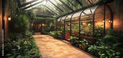 A contemporary glass dome greenhouse with lush plants  surrounded by an eco-friendly urban park with walking paths.