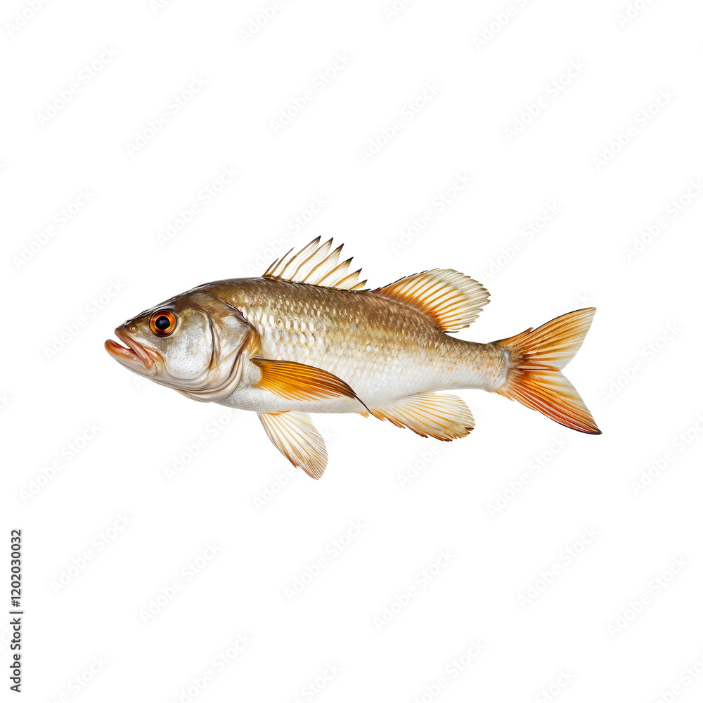 Obraz premium White Sea Bass Close-Up: A stunning close-up of a white sea bass, showcasing its sleek, silver-grey body, prominent fins, and distinctive orange tail.