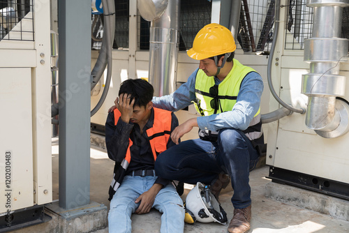 Asian male worker have accident at construction site. Construction builder worker feeling sick, have a headache at work site. Health safe of work and safety first concept