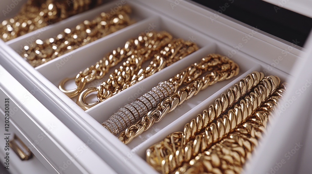 Gold necklaces and bracelets in a jewelry box. Gold necklaces and bracelets in a jewelry box.