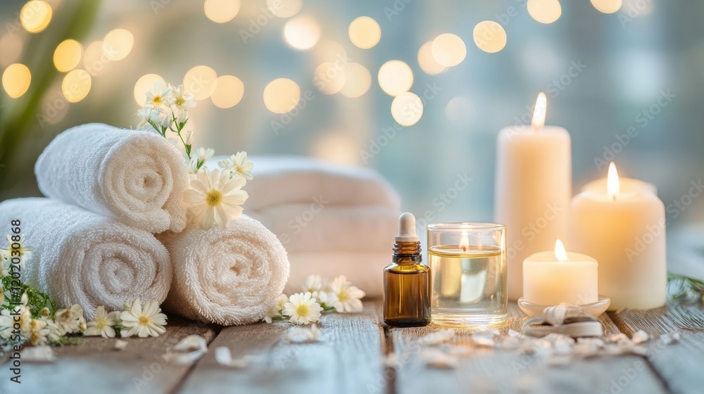 Serene spa scene with candles, towels, and essential oils, with soft light and soothing colors, symbolizing wellness and relaxation Serene spa scene with candles, towels, and essential oils, with soft light and soothing colors, symbolizing wellness and relaxation