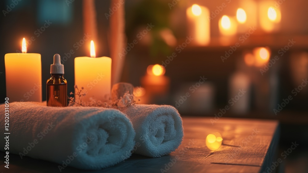 Serene spa scene with candles, towels, and essential oils, with soft light and soothing colors, symbolizing wellness and relaxation Serene spa scene with candles, towels, and essential oils, with soft light and soothing colors, symbolizing wellness and relaxation