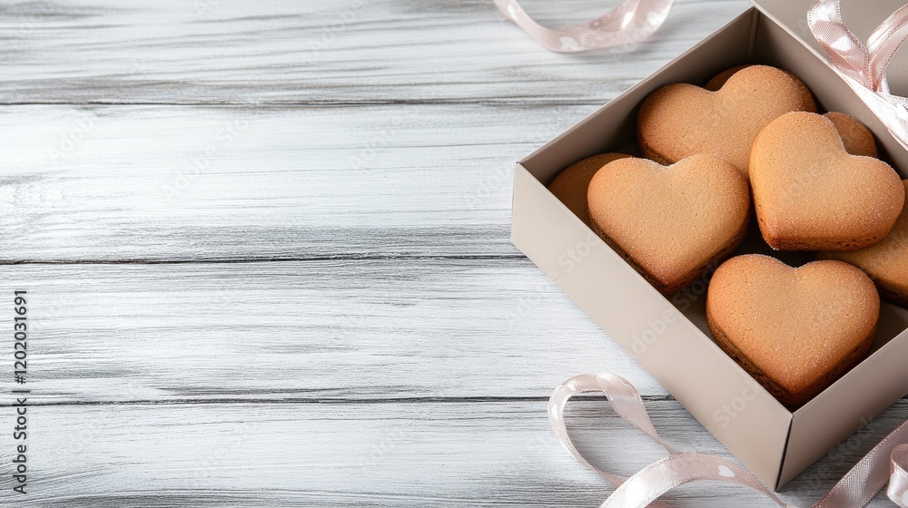 Heart-shaped cookies presented in a gift box celebrate Valentine's Day with light pink and dark beige colors, inviting sweet moments Heart-shaped cookies presented in a gift box celebrate Valentine's Day with light pink and dark beige colors, inviting sweet moments