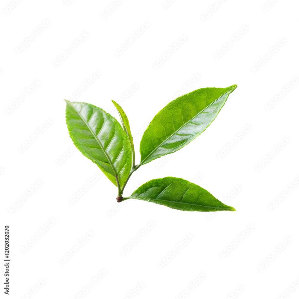Obraz premium Fresh Green Tea Leaves: Close-up of vibrant, dew-kissed green tea leaves on a stem, showcasing the delicate beauty and freshness of this popular beverage ingredient.