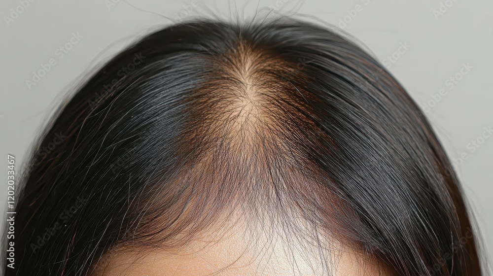 Close up of Woman s Scalp Showing Thinning Hair and Hairline Recession Close up of Woman s Scalp Showing Thinning Hair and Hairline Recession