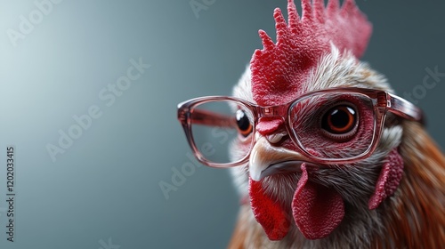 This artistic portrayal features a chicken wearing fashionable glasses, capturing its intriguing personality and the humorous contrast between the bird and the chic accessory. photo