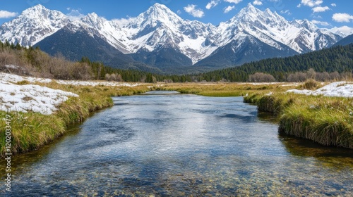 Mountain river valley spring snowmelt postcard photo