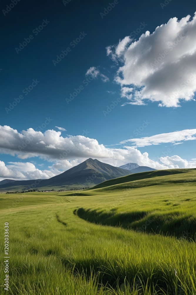 Fototapeta premium grassy field with a mountain in the distance and a blue sky