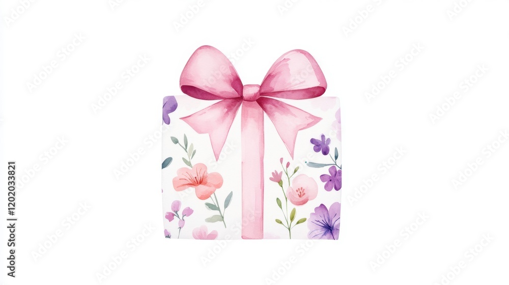 A beautifully wrapped gift box adorned with floral designs and a pink bow, perfect for any special occasion. A beautifully wrapped gift box adorned with floral designs and a pink bow, perfect for any special occasion.