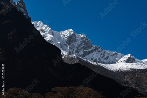 Himalayan Mountain Langtang Village to Kyanjin Ri trekking with Gangchenpo background in Nepal photo