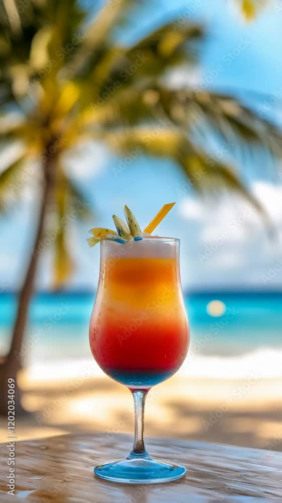 close up of colorful cocktail in the glass on the sunset beach with palm trees close up of colorful cocktail in the glass on the sunset beach with palm trees