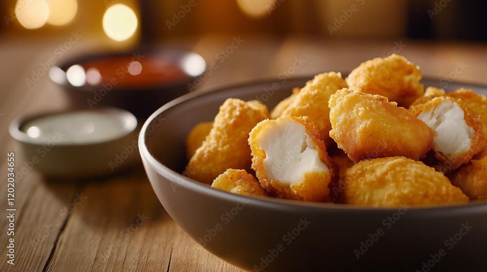 A close-up shot of crispy, golden breaded chicken nuggets in a bowl with sauces. A close-up shot of crispy, golden breaded chicken nuggets in a bowl with sauces.