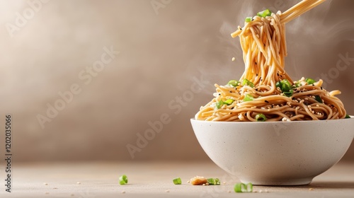 A mouthwatering dish of steaming noodles elegantly presented with fresh greens and garnishes, capturing a moment to savor the essence of culinary delight. photo