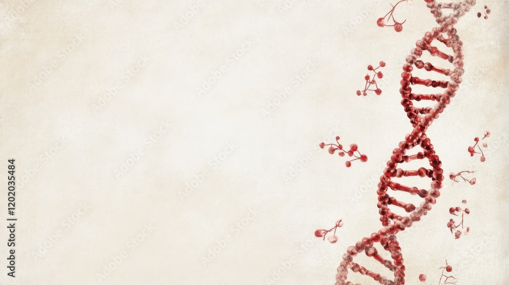 A stylized illustration of a DNA double helix in red on a textured, neutral background, symbolizing genetics, biology, and life sciences. A stylized illustration of a DNA double helix in red on a textured, neutral background, symbolizing genetics, biology, and life sciences.