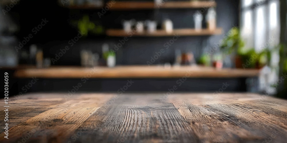 Elegant design showcasing a vacant wooden table against a kitchen setting. Elegant design showcasing a vacant wooden table against a kitchen setting.