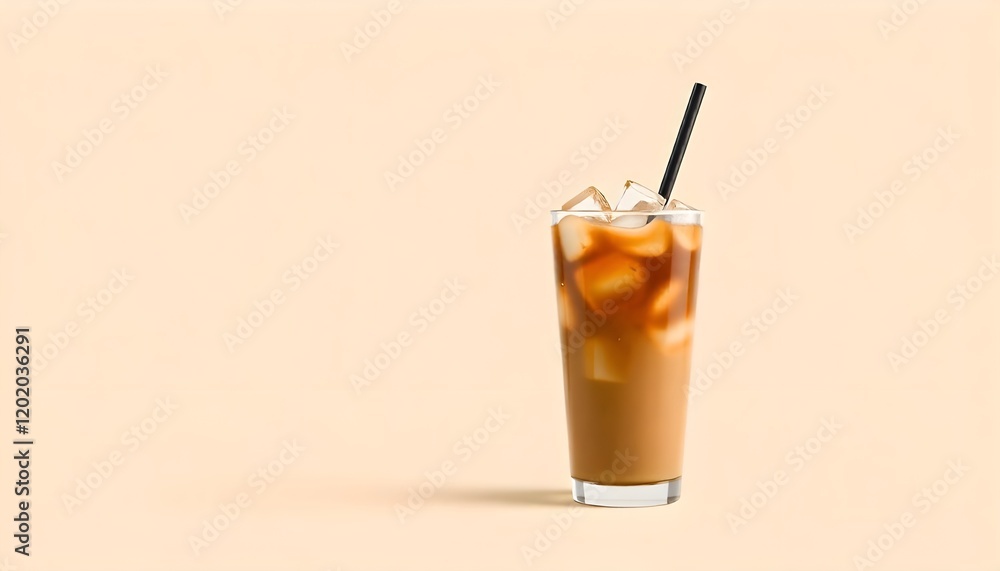 A cup mockup of cold coffee filled with ice cubes and a straw, set against an aesthetic beige background A cup mockup of cold coffee filled with ice cubes and a straw, set against an aesthetic beige background