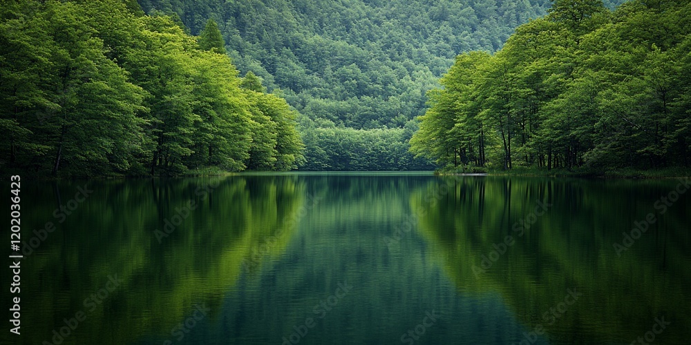 Serene lake mirroring lush green forest, tranquil nature scene Serene lake mirroring lush green forest, tranquil nature scene