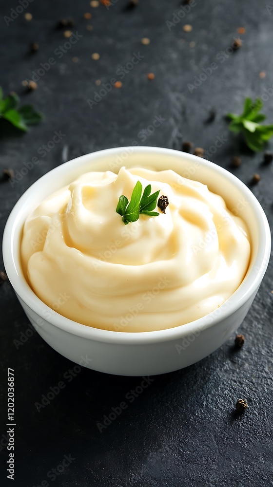 Homemade mayonnaise with herbs and spices on black stone background Homemade mayonnaise with herbs and spices on black stone background