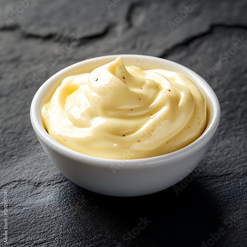 Homemade mayonnaise with herbs and spices on black stone background photo