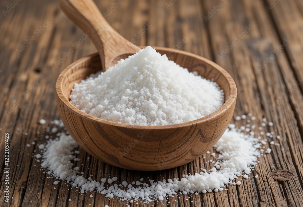 Wooden Bowl of White Salt Grains on Rustic Table Wooden Bowl of White Salt Grains on Rustic Table