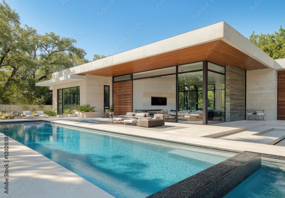 Fototapeta premium Modern Luxury Home Design with Inviting Pool and Spacious Patio in Serene Natural Environment Under Clear Blue Sky